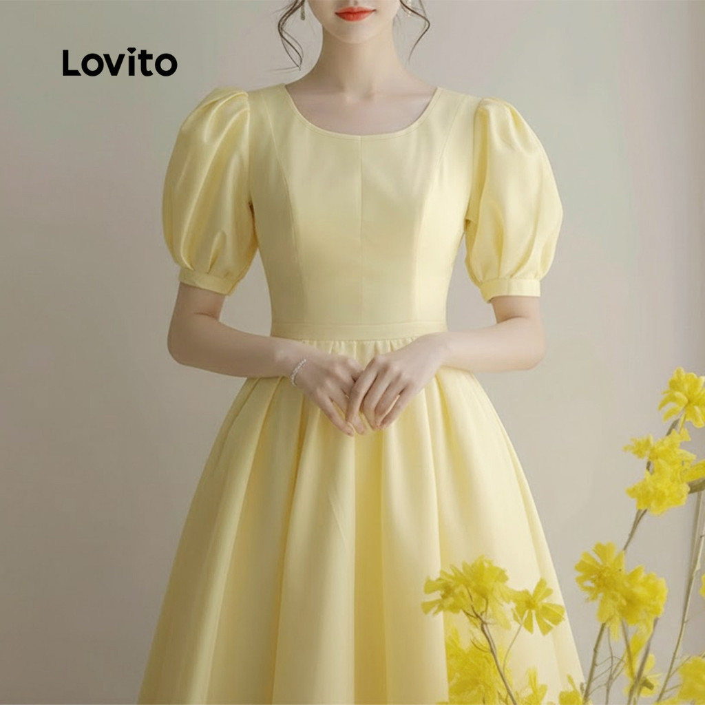 Lovito Elegante Vestido com Pregas Linha Estruturada Primavera/verão Amarelo para Mulheres. L177ED1015 · foto 2