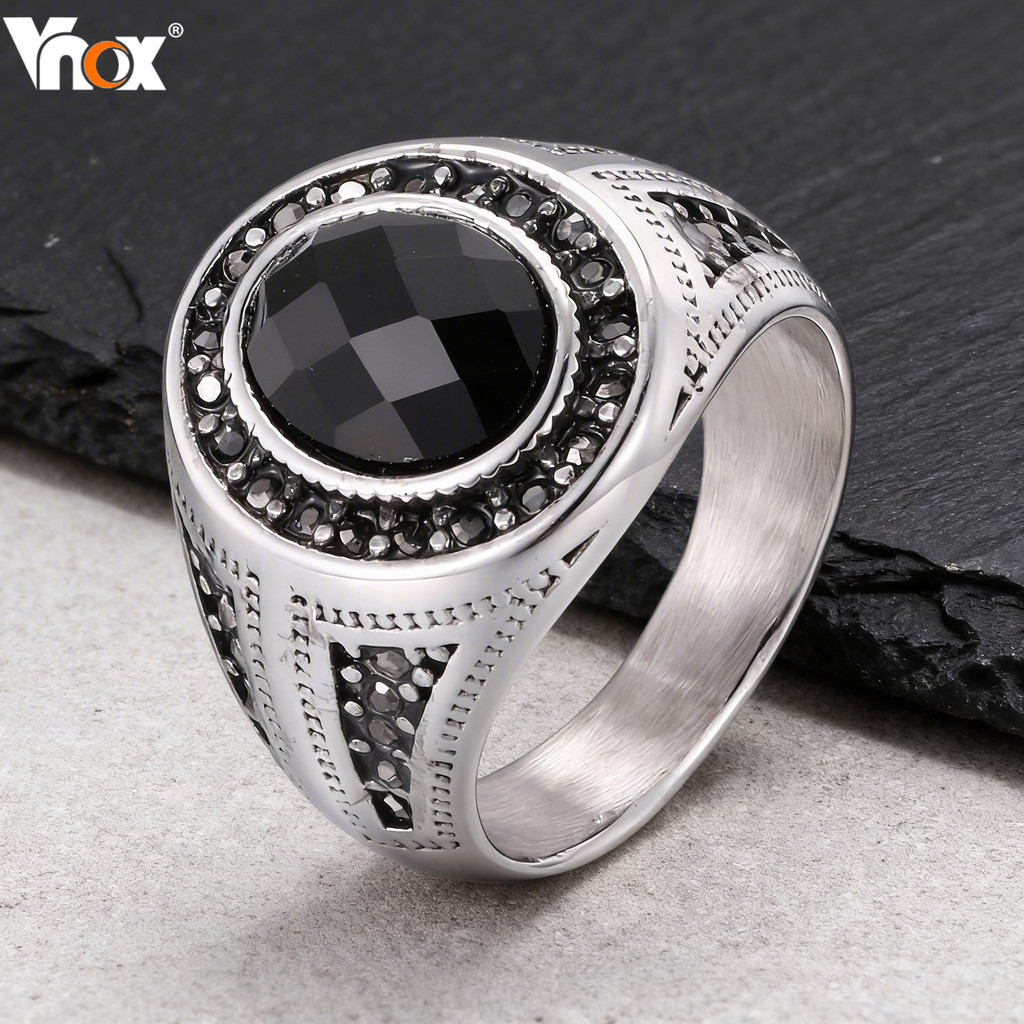 Anel De Ônix Preto Vintage Vnox Para Homens , Joia De Gótico De Aço Inoxidável M