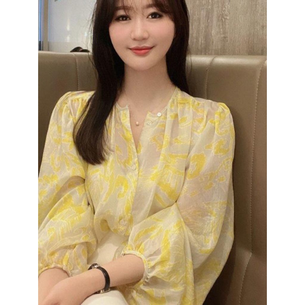 Francês Vintage Floral Impressão Amarelo Camisa Feminina Início Do Outono Novo Estilo Alta Sensação Suave Personalidade