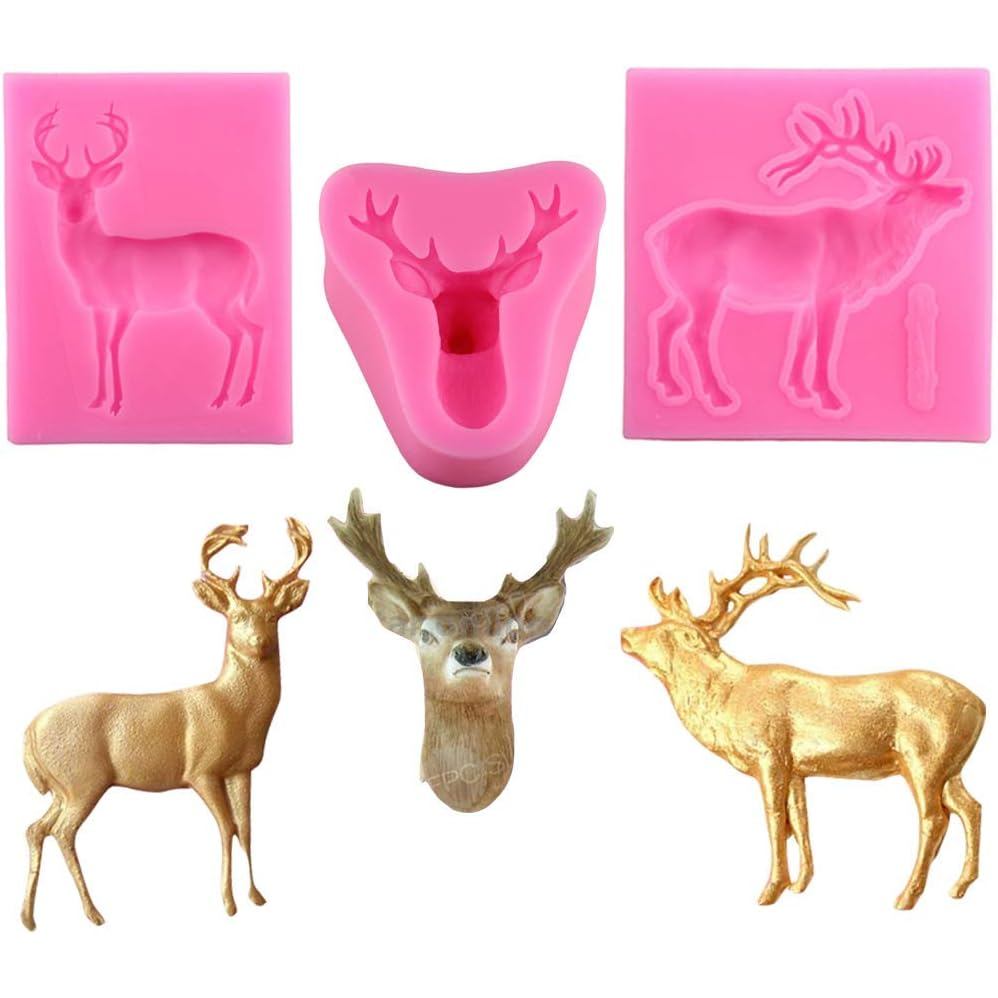 Conjunto de 3 Moldes de Silicone para Fondant, Chocolate e Pasta de Açúcar em Forma de Cabeça de Veado 3D para Decoração