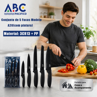 Kit Facas ABC Multiuso para Cozinha Doméstica, Faca Chef + Faca Serrilhada + Faca de Fruta