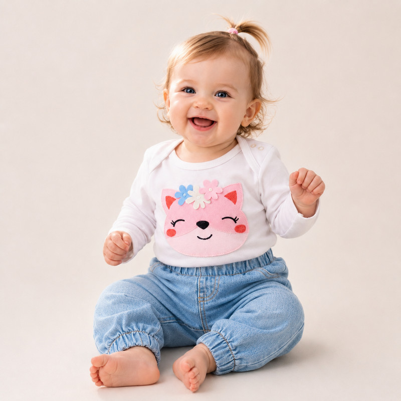 Conjunto Bebê Menina Body Bordado 3D Manga Longa e Calça Clara