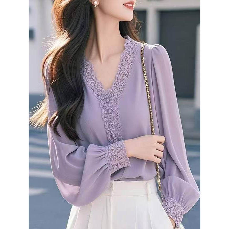 Atmosfera camisa roxa feminina outono novo estilo estilo francês com decote em V qualidade lanterna manga Chiffon camisa