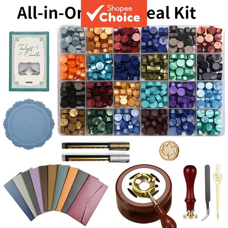 Kit de lacre de cera com forninho, cabo, tapete de silicone, envelopes e mais. Ideal para convites de exposição, lacre