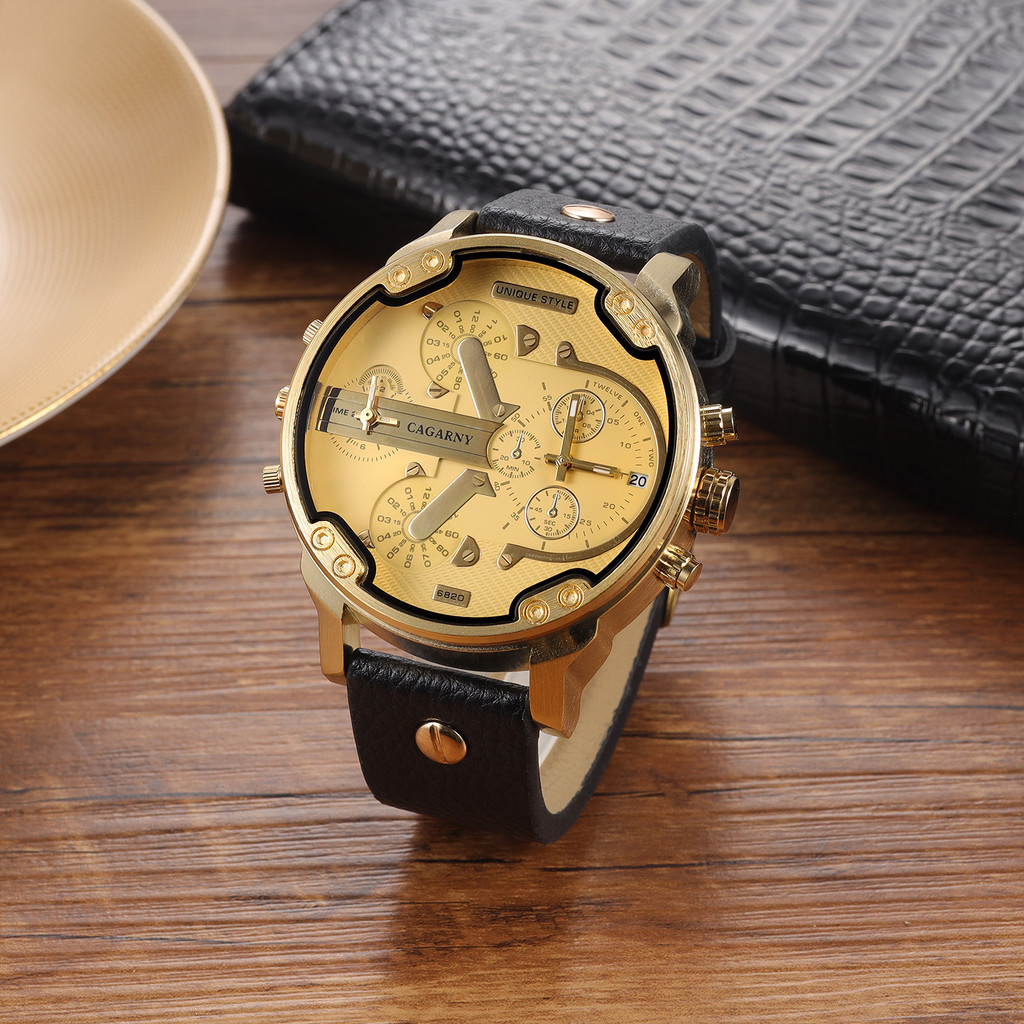 CAGANY Relógio Masculino Relógio de Quartzo Relógio Masculino Mostrador Grande Dual Time Zone Masculino Cinto Relógio de