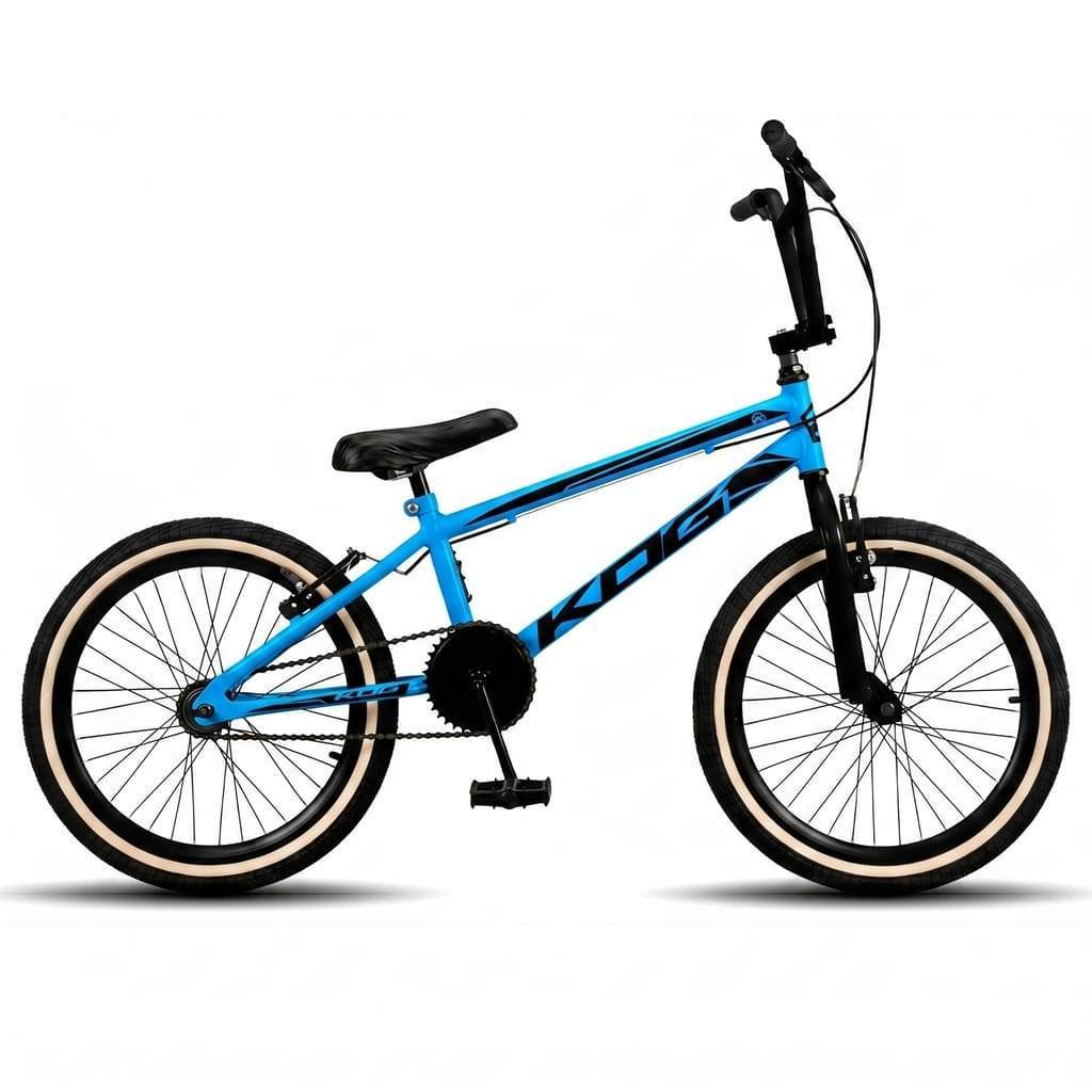 Bicicleta BMX Aro 20 Infantil KOG Freestyle Para Meninos - Azul com Preto Pneus Faixa Bege