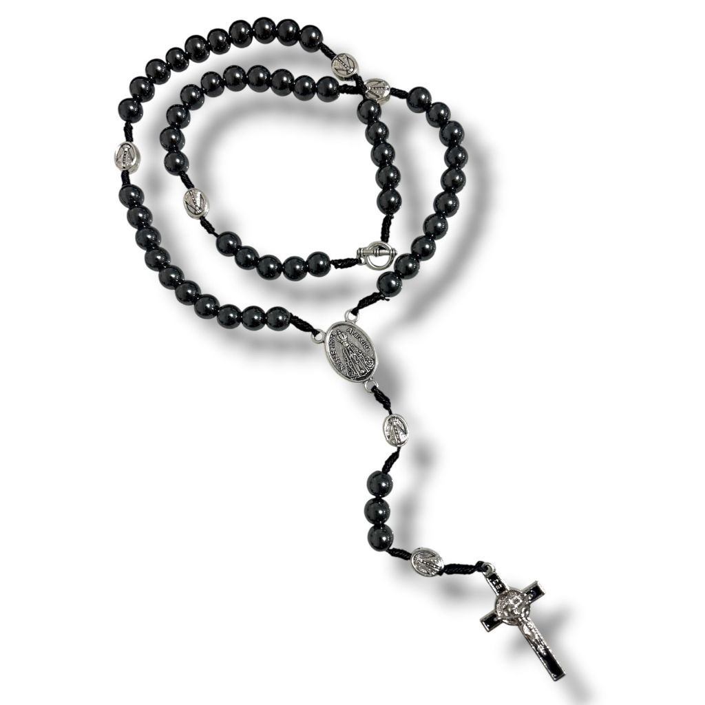 Colar Terço De Pescoço Nossa Senhora Aparecida Hematita Com Fecho