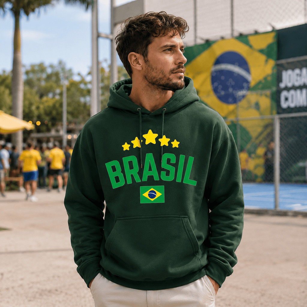 Moletom Brasil Canguru Estampa Copa do Mundo Seleção Brasileira Premium Unissex 3 Cabos