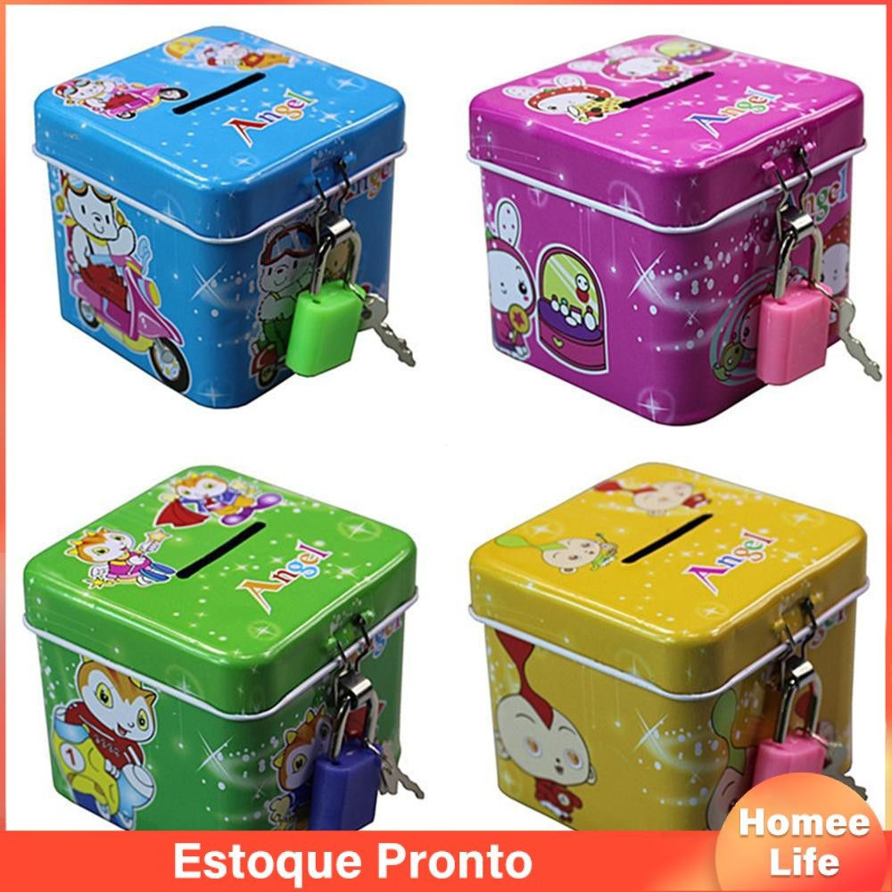 Cofrinho redondo de desenho animado, cofrinho quadrado infantil para moedas, porta-canetas de ferro artístico.