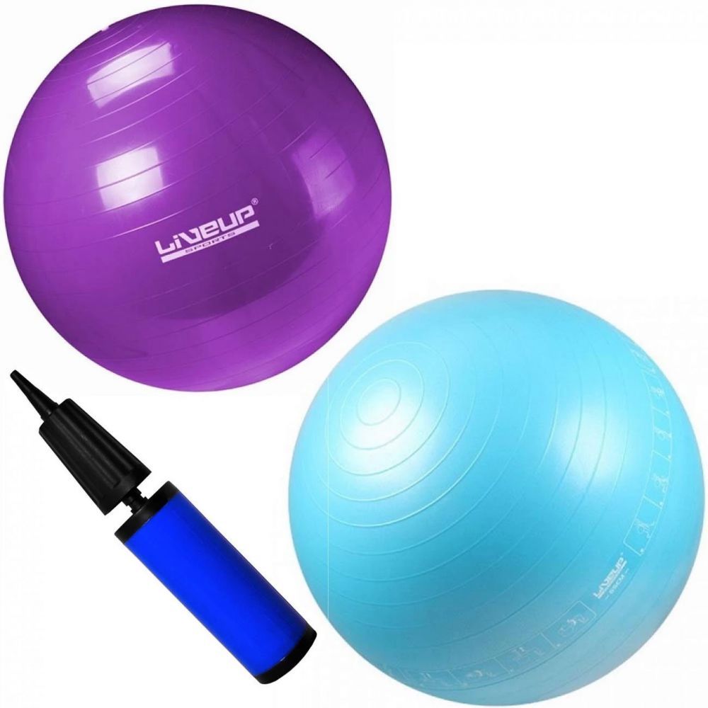 Kit Pilates Bola Suíça Roxa 55cm + Bola Suíça Azul 65cm Ilustração + Mini Bomba