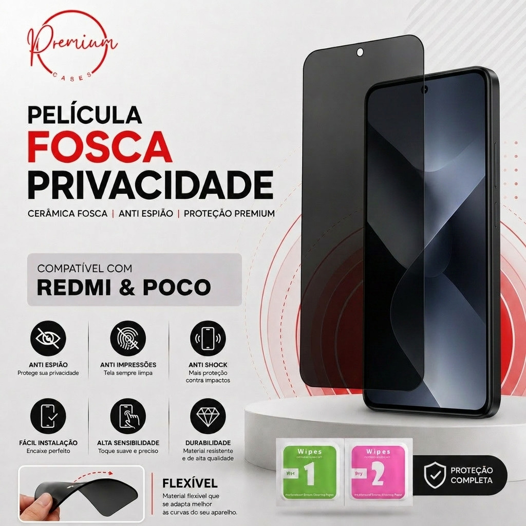 Película Cerâmica Privacidade Fosca Para Todos Redmi 15C 14C 13C 12C 10C 10A 9C 9A Note 14 13 12 11 9 8 7 POCO X7 X6 X5