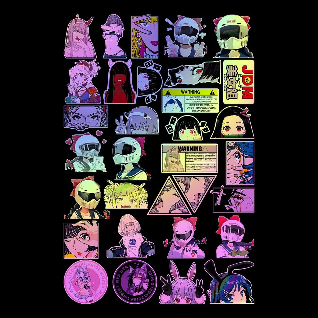 Um Conjunto de 32 Adesivos para Capacete de Motocicleta, Estilo Laser com Designs de Anime JDM e Desenhos Animados