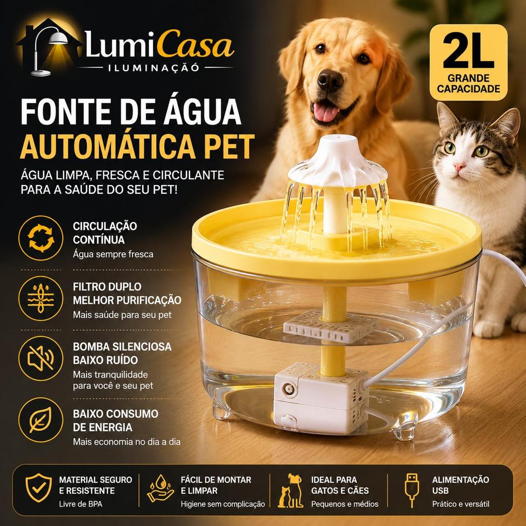 Bebedouro Automático Pet 2L para Gatos e Cachorros Fonte de Água com Filtro Duplo e Bomba Silenciosa
