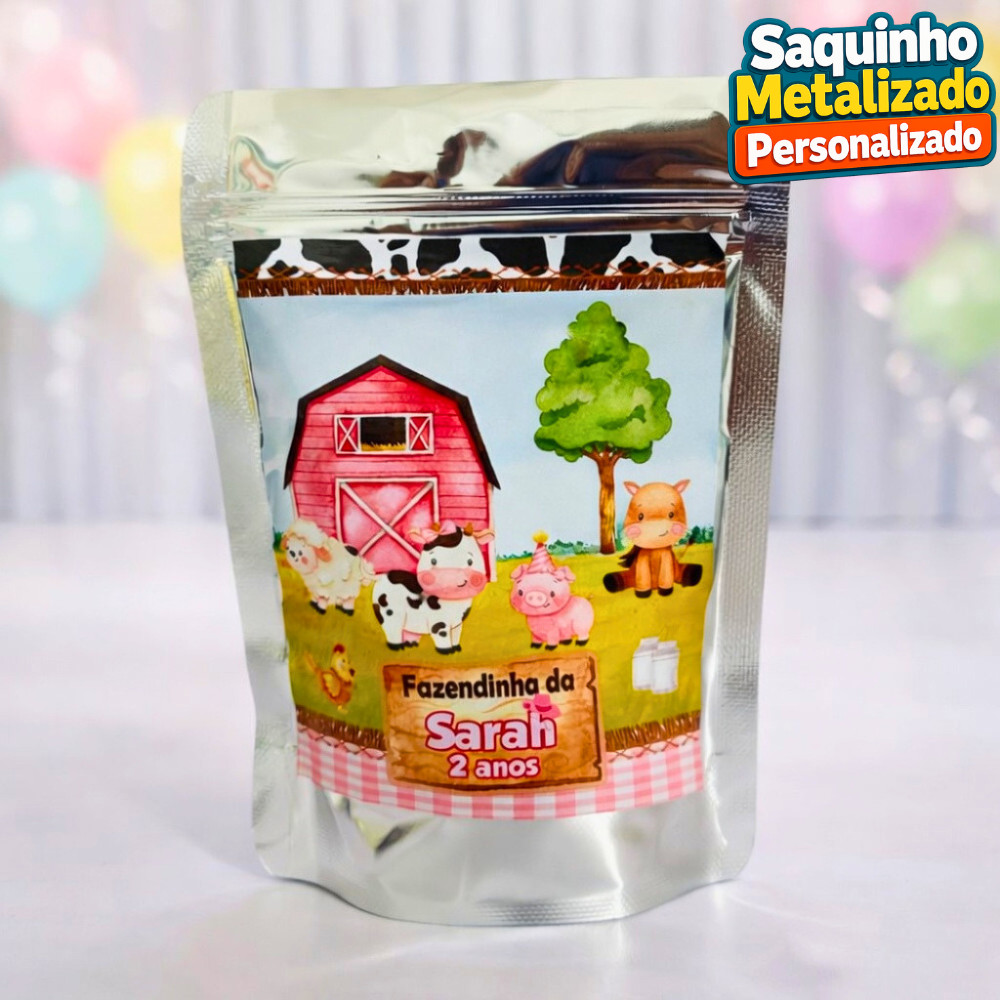 Saquinho Metalizado Fazendinha Rosa Menina Personalizado / Lembrancinha de Festa /Aniversário