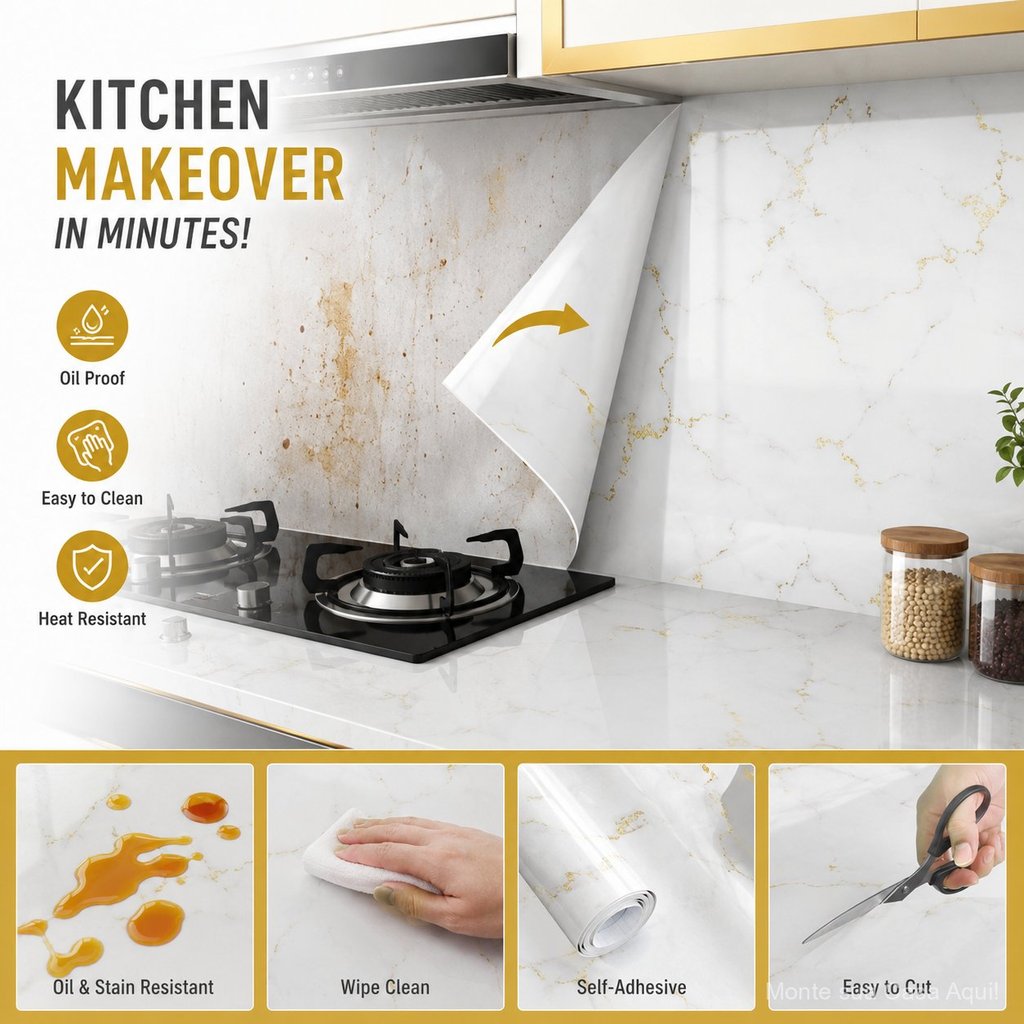 2Pcs Papel Contact Mármore Branco Autoadesivo para Cozinha Antigordura Impermeável Parede Pia Fogão