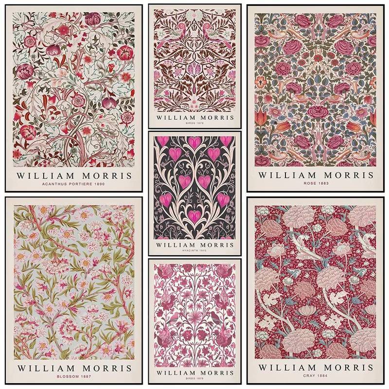 1pc frameless Pink Plant Art William Morris Abstract Exhibition Posters Prints Canvas Wall Art Picture Living Room