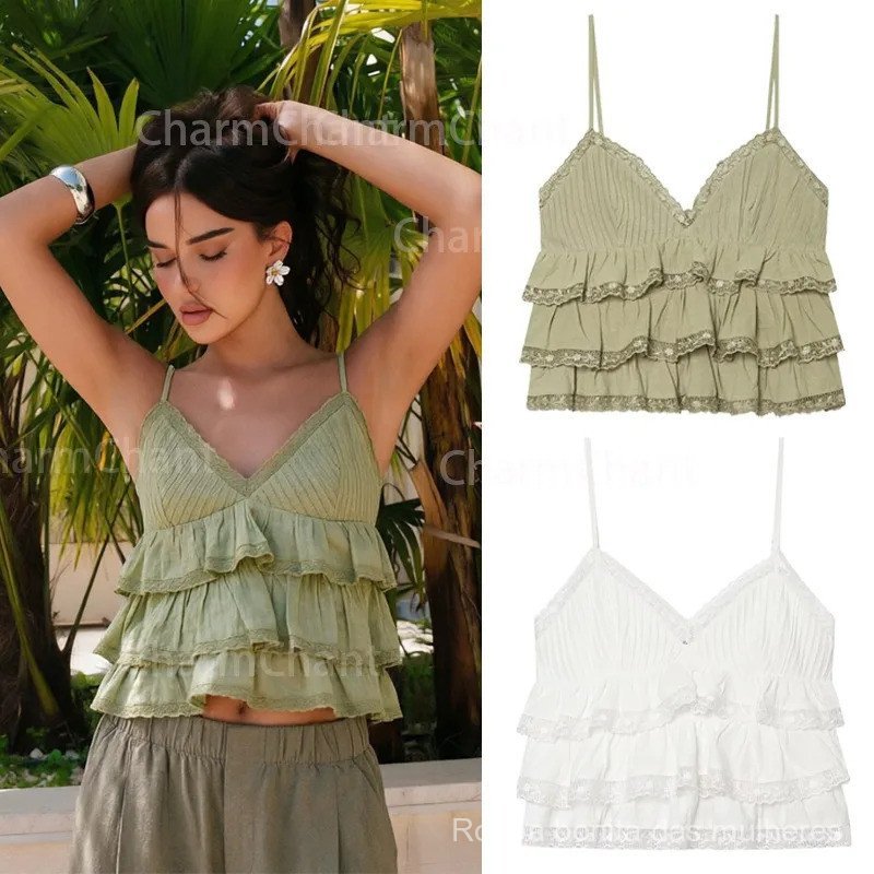 CHARMCHANT Top Feminino de Algodão Verde e Branco com Babados e Camadas, Detalhes em Renda, Alças Finas, Estilo Boho Cro
