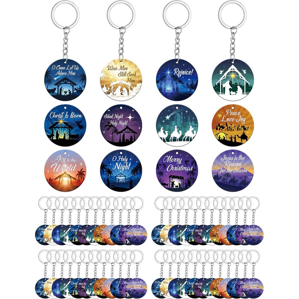 Ecally 60 Pcs Acrylic Nativity Scene Keychain Bulk The Birth of Jesus Keychain Christian Religious Key Ring Gifts for Sc