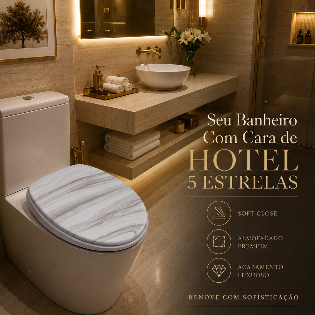 Assento Sanitário Almofadado Marmorizado Encaixe Universal Oval e Higiénico Banheiro Confortável