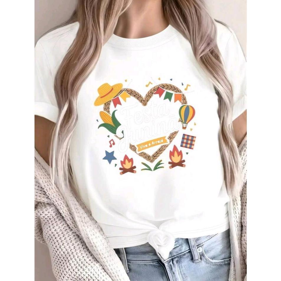 Camiseta Feminina Estampada Coração Viva O Arraia Festa Junina Estilosa 100% Algodão Envio Rápido