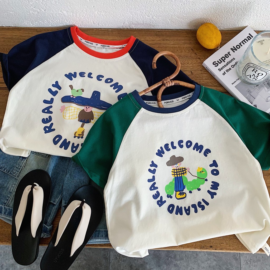 Crianças versão coreana dos desenhos animados impresso camiseta de manga curta 2026 verão meninos meninas contraste cor 