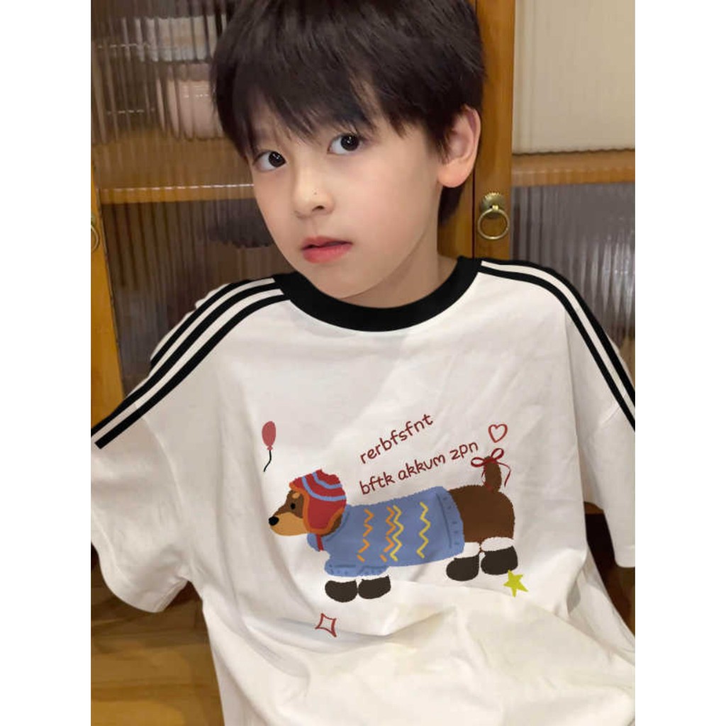 Meninos verão dos desenhos animados impresso Dachshund camiseta de manga curta puro algodão crianças Casual solto meia m