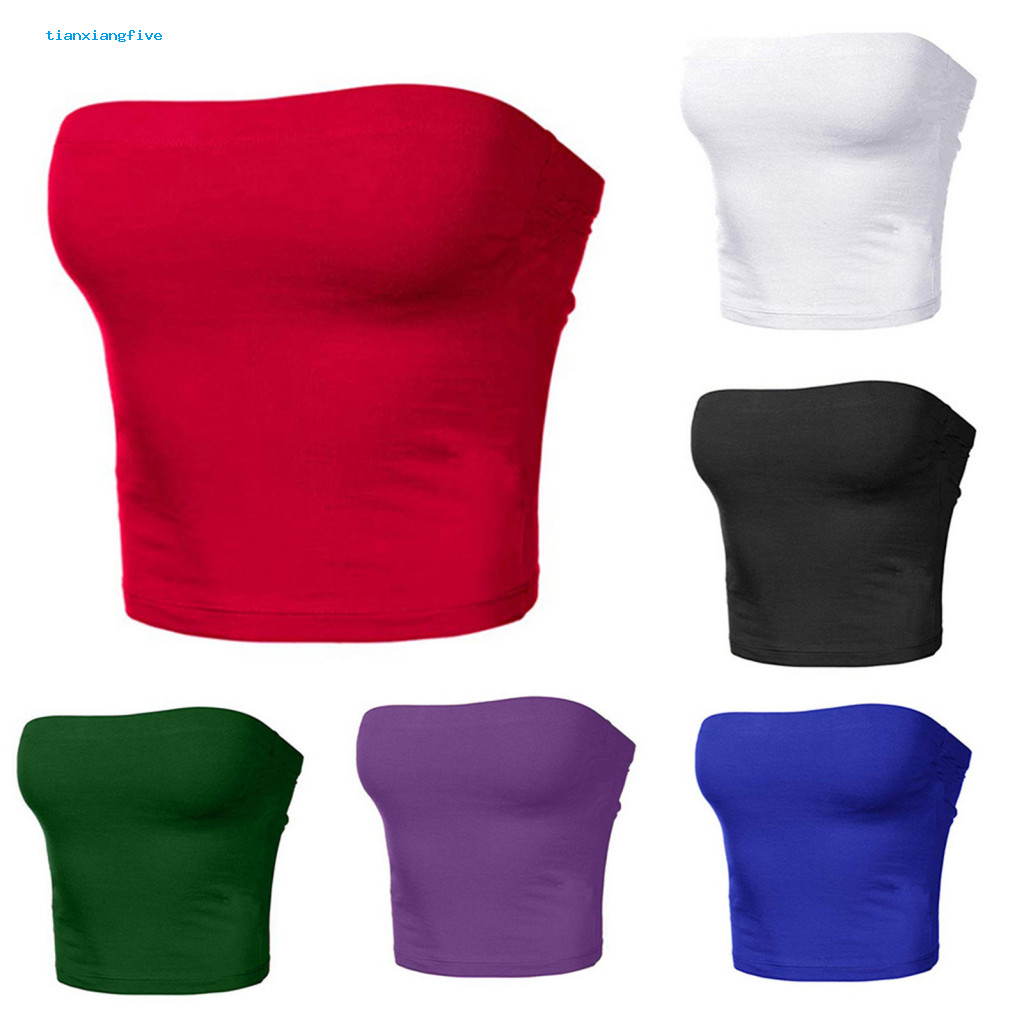 Sólida Sem Alças Recortado Mini Bustier Fino Tubo Elástico