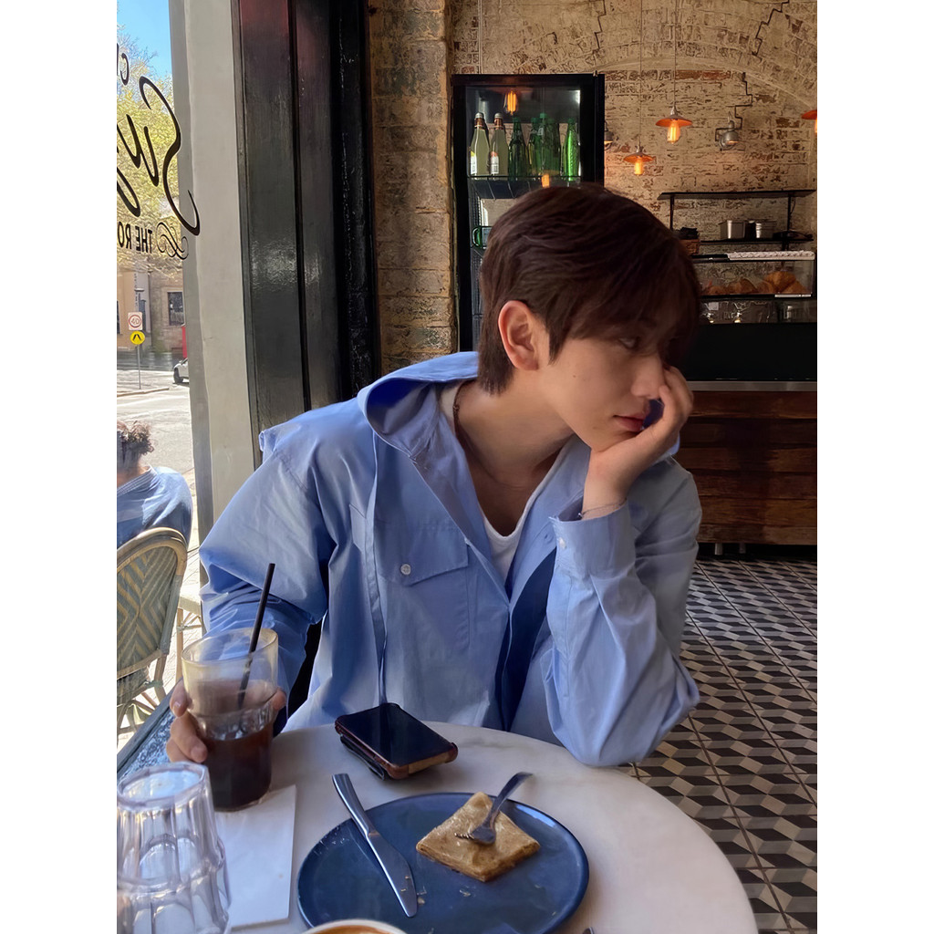 Camisa de manga comprida com capuz azul masculina primavera verão coreano simples bolso duplo camisa Casual de alta qual