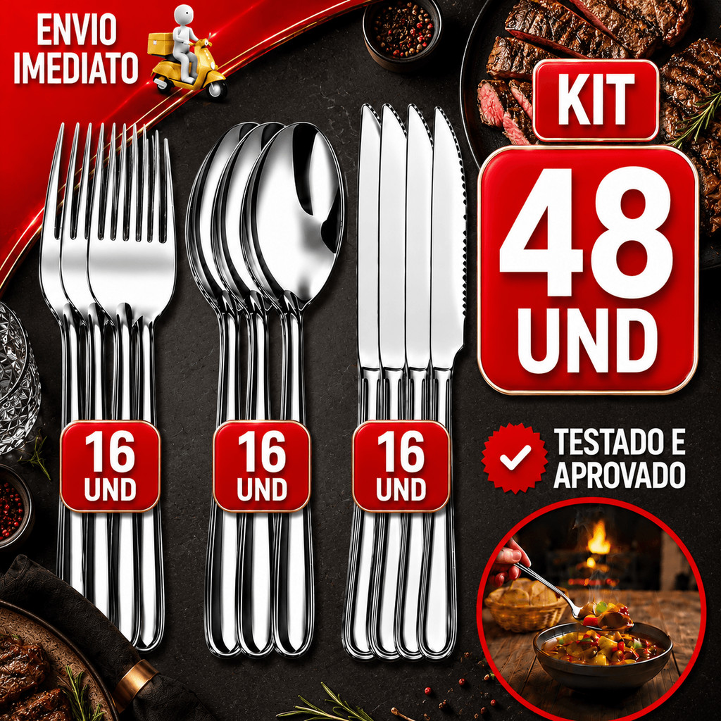 CONJUNTO DE TALHERES EM AÇO INOX PREMIUM GARFO COLHER FACA RESISTENTE PARA MESA, COZINHA E EVENTOS