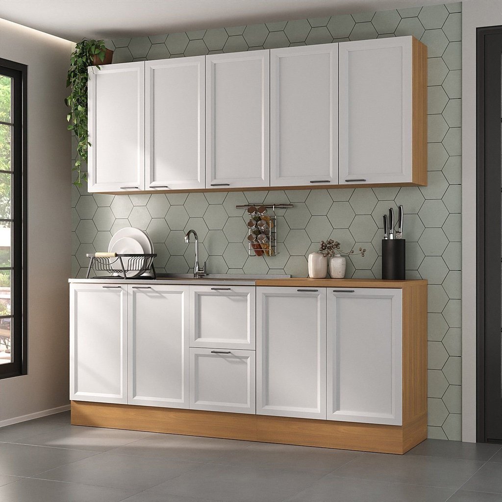 Cozinha Compacta Modulada 4 Peças 2 Aéreos 2 Balcões Soho CabeCasa MadeiraOriginals Freijó/Branco