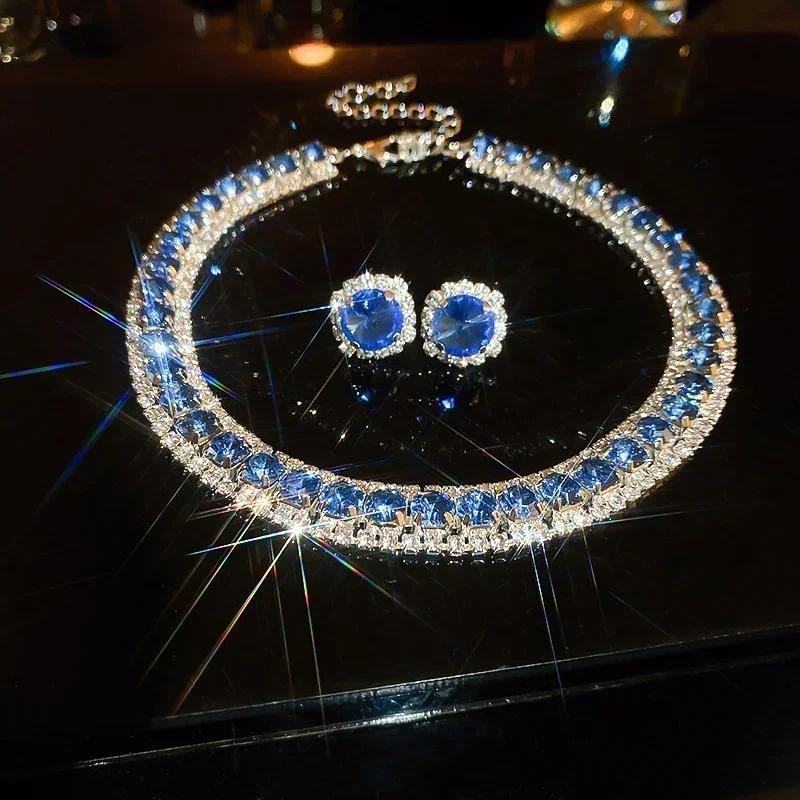 Conjunto de Colar e Brincos de Cristal Luxuoso em Champanhe, Verde, Azul e Preto para Casamentos Femininos, Conjuntos de