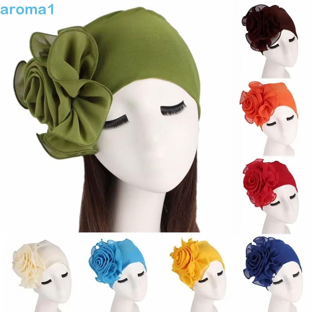 AROMA1 Boné Turbante Feminino , Cor Sólida , Tamanho Único , Flor Lateral , Hijab Do Ramadã , Lenço Islâmico Respirável