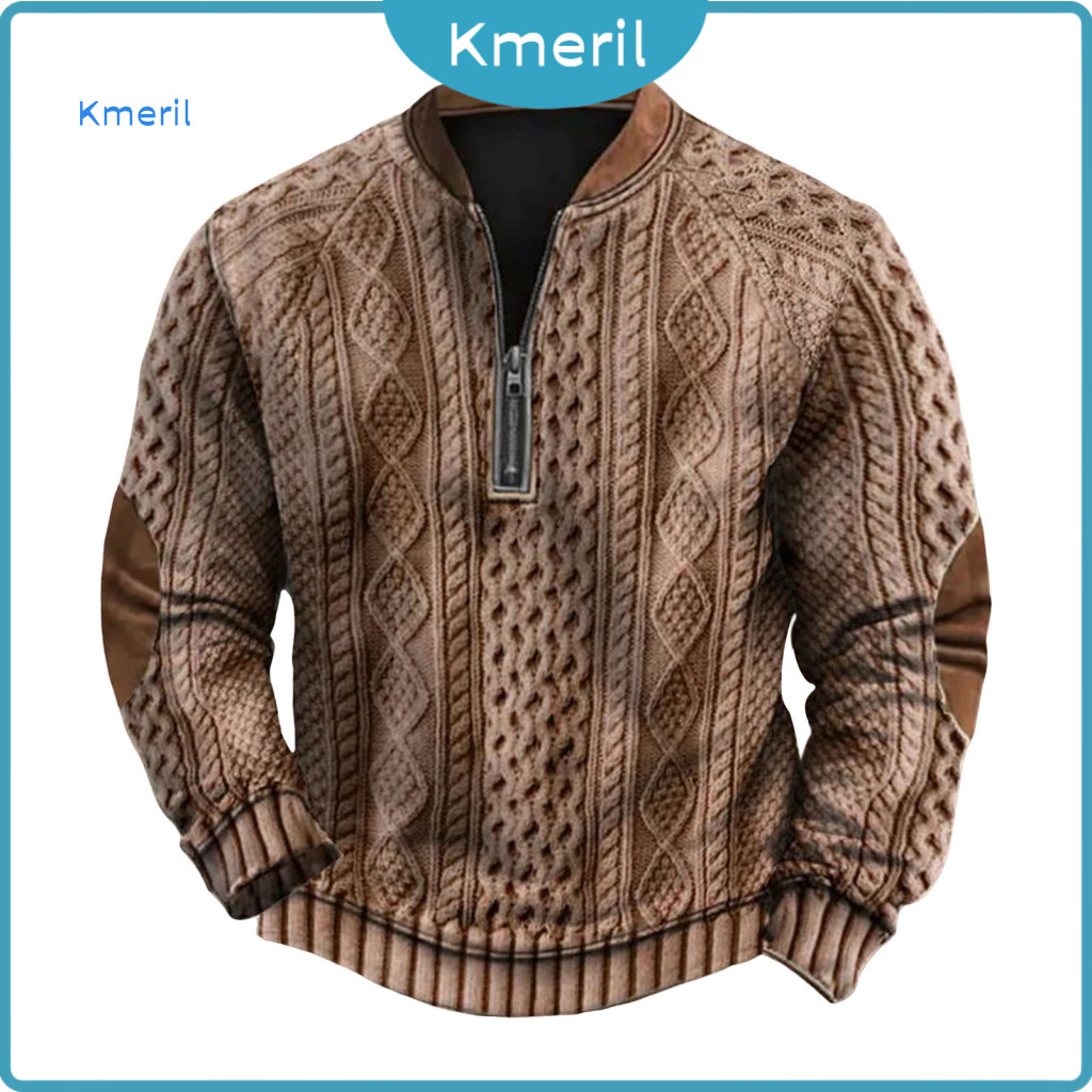 Pullover Sweatshirt Sweater Men's Fall Winter Half-zip Rhombus Texture Patchwork Round Neck Long Sleeve Sports Top for D