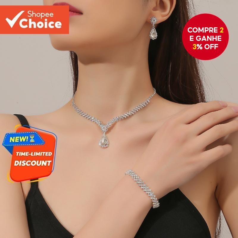 Conjunto De Joias De Cristal De Noiva Elegante Colar Geométrico Brincos Pulseira Deslumbrante Presente De Casamento
