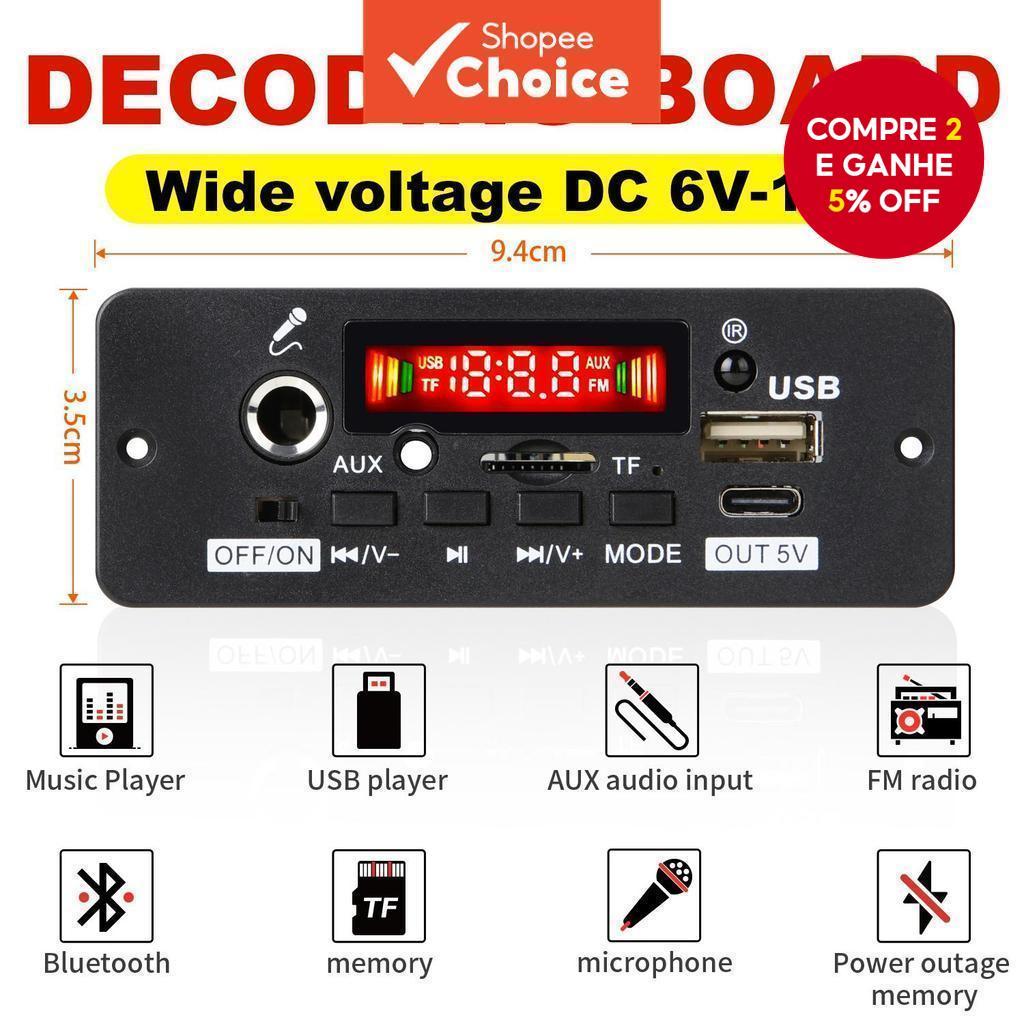 Placa Decodificadora MP3 Amplificador 50W 2x25W Bluetooth 5.0 Rádio FM USB TF Áudio Para Carro Pro