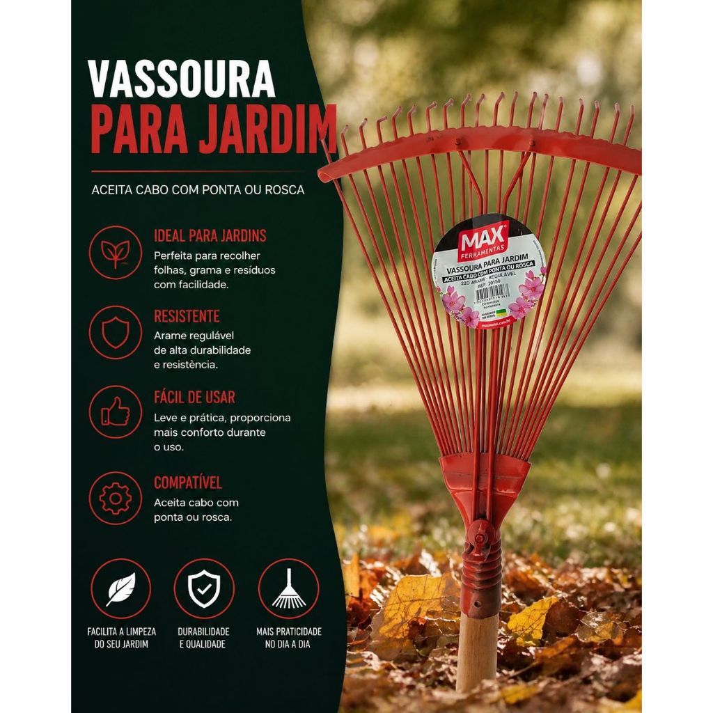 Rastelo de Aço com 22 dentes com cabo Para Jardinagem
