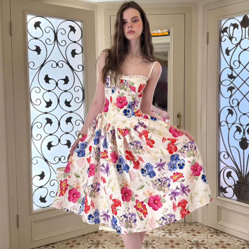 Vestido De Alça Floral Para Mulheres , Estilo Vintage De Férias , Longo Emagrecedor Evasê Com Cintura