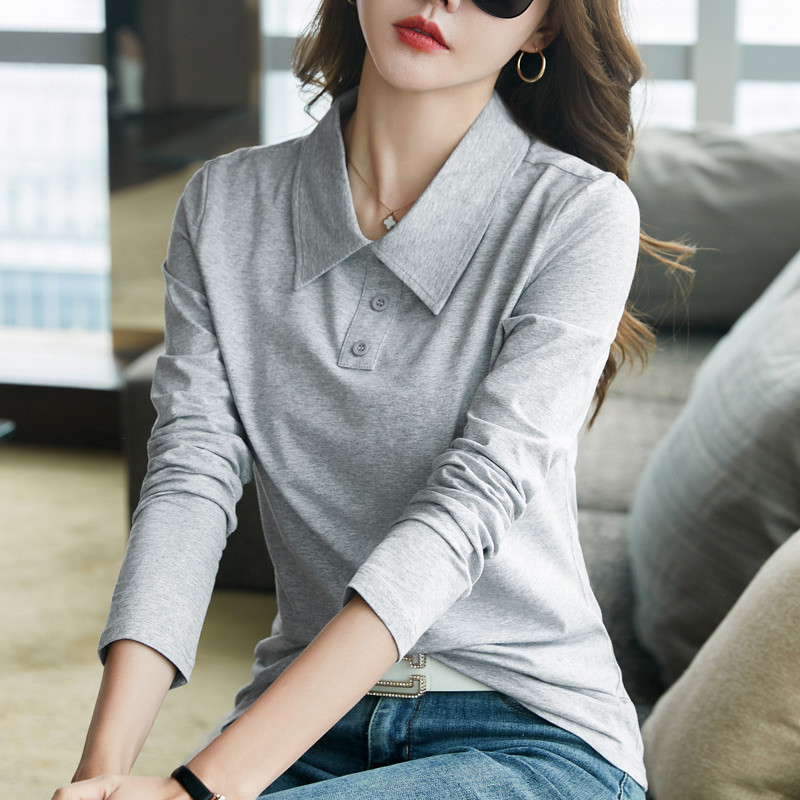 · Camiseta feminina de algodão mercerizado, manga comprida, lapela, 2025, primavera, outono, nova camisa, gola, cor sóli