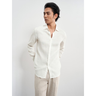 Aojia [100% linho] Camisa masculina respirável gola quadrada solta Casual respirável camisa de manga comprida