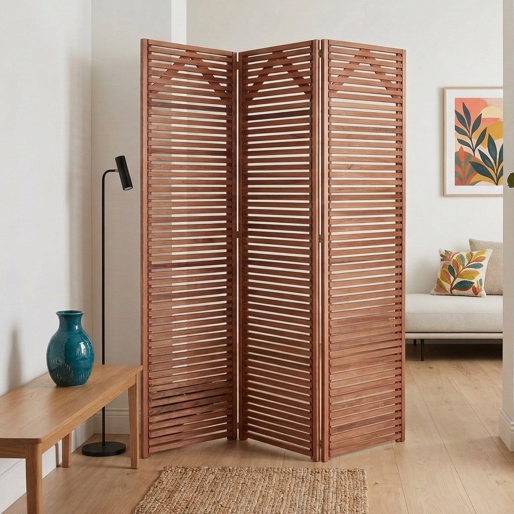 Biombo 3 Folhas Divisória Madeira Maciça Ripado p/ Área Interna Externa Jardim 3