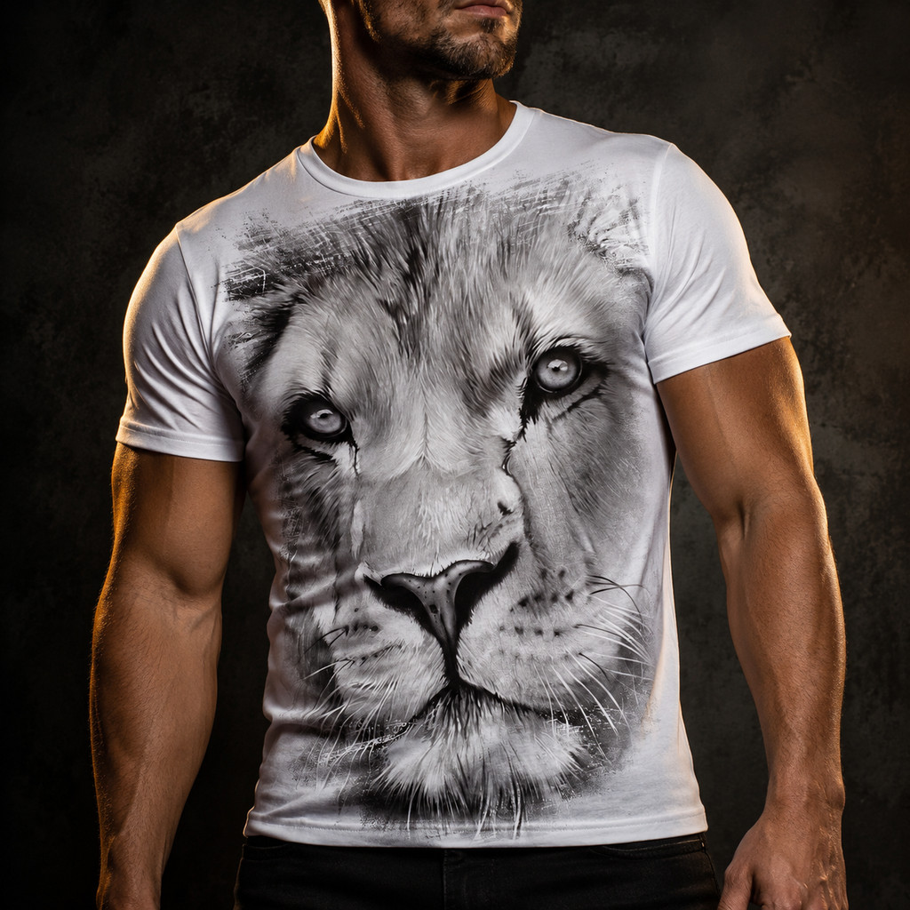 Camiseta Masculina Leão 3D Realista Branca – Estampa Grande Frontal