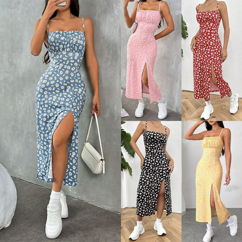 Sling Wrap Peito Fenda Pequena Margarida Hip Estampa Vestido Tamanho Médio