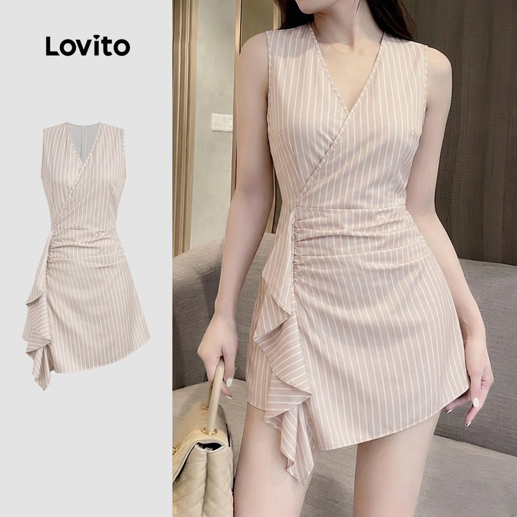 Lovito Vestido Elegante Assimétrico com Textura em Babado para Primavera/verão C
