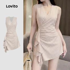 Lovito Vestido Elegante Assimétrico com Textura em Babado para Primavera/verão Cor Caqui para mulheres LK6ED524
