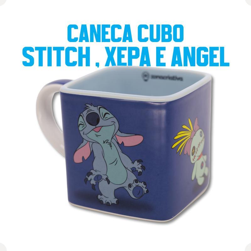 Caneca Stitch E Angel Cubo 300ml Disney Original Cerâmica Presente Namorados Zona Criativa Lembrança