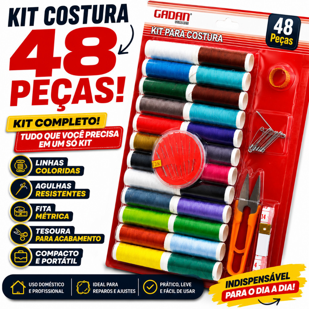 Kit Costura Completo 48 Peças Com Linhas Agulhas Fita Métrica e Tesoura