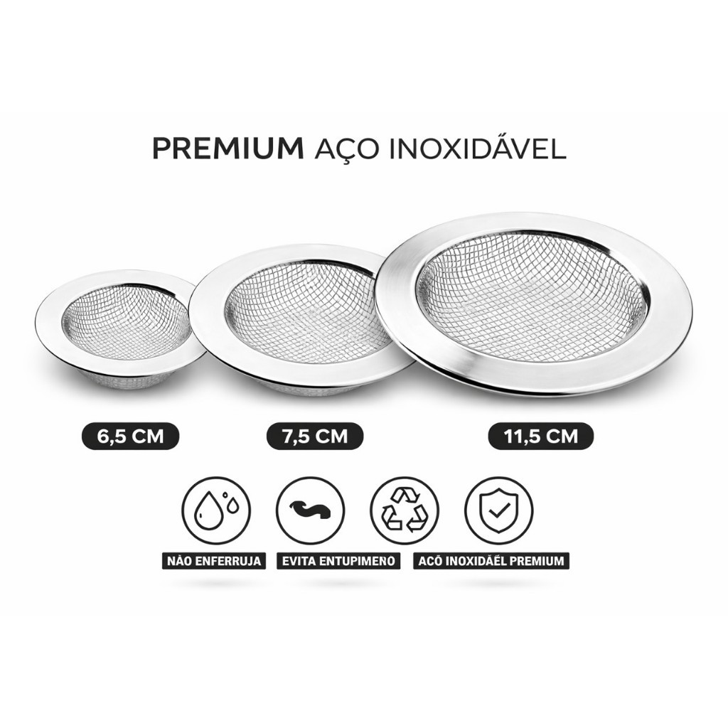 Ralo de Pia Inox Premium Anti Entupimento Tela Fina Coletor de Resíduos 3 Tamanhos Escolha o Seu