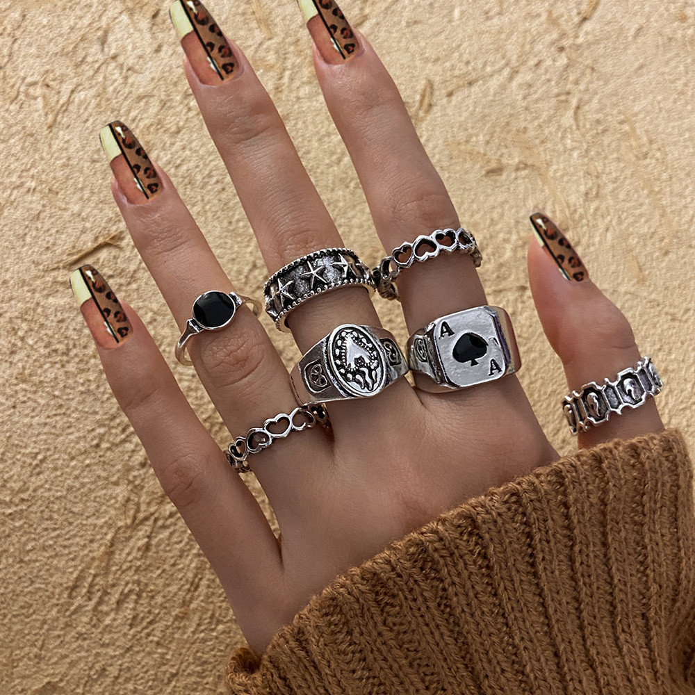 Moda Retro prata acessórios oco coração espadas um anel conjunto de 7 peças estilo coreano na moda masculino feminino es