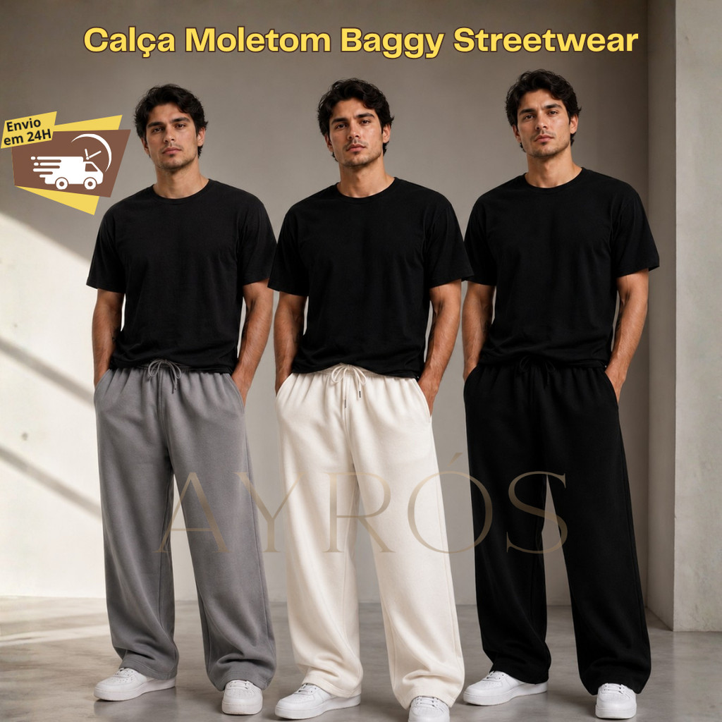 Calça Baggy de Moletom  Cargo Streetwear Wide Leg Gym Skate Masculina Confortável Básica Flanelada Lisa Unissex