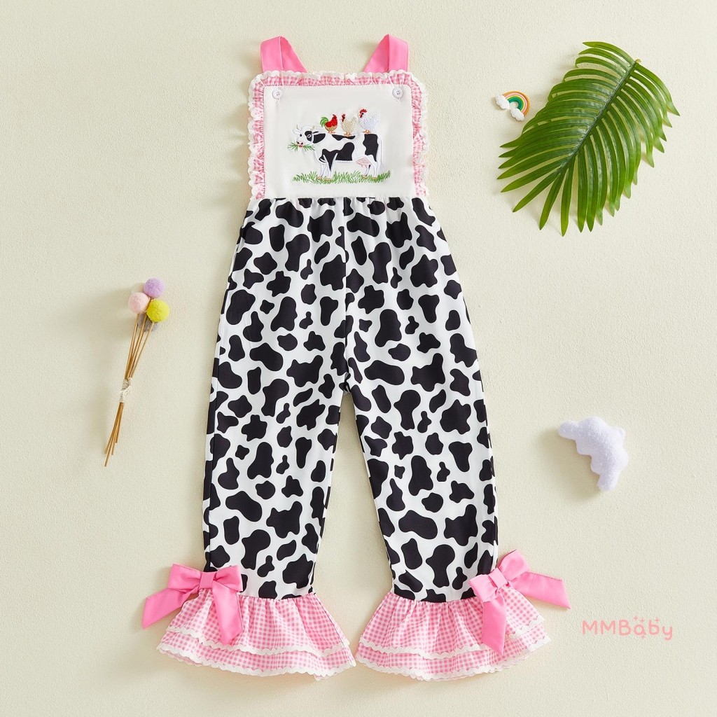 Mbaby-Kids Macacão Para Meninas Com Bordado Fofo De Vaca Patchwork Calças Flare Roupas Uso Diário Casual